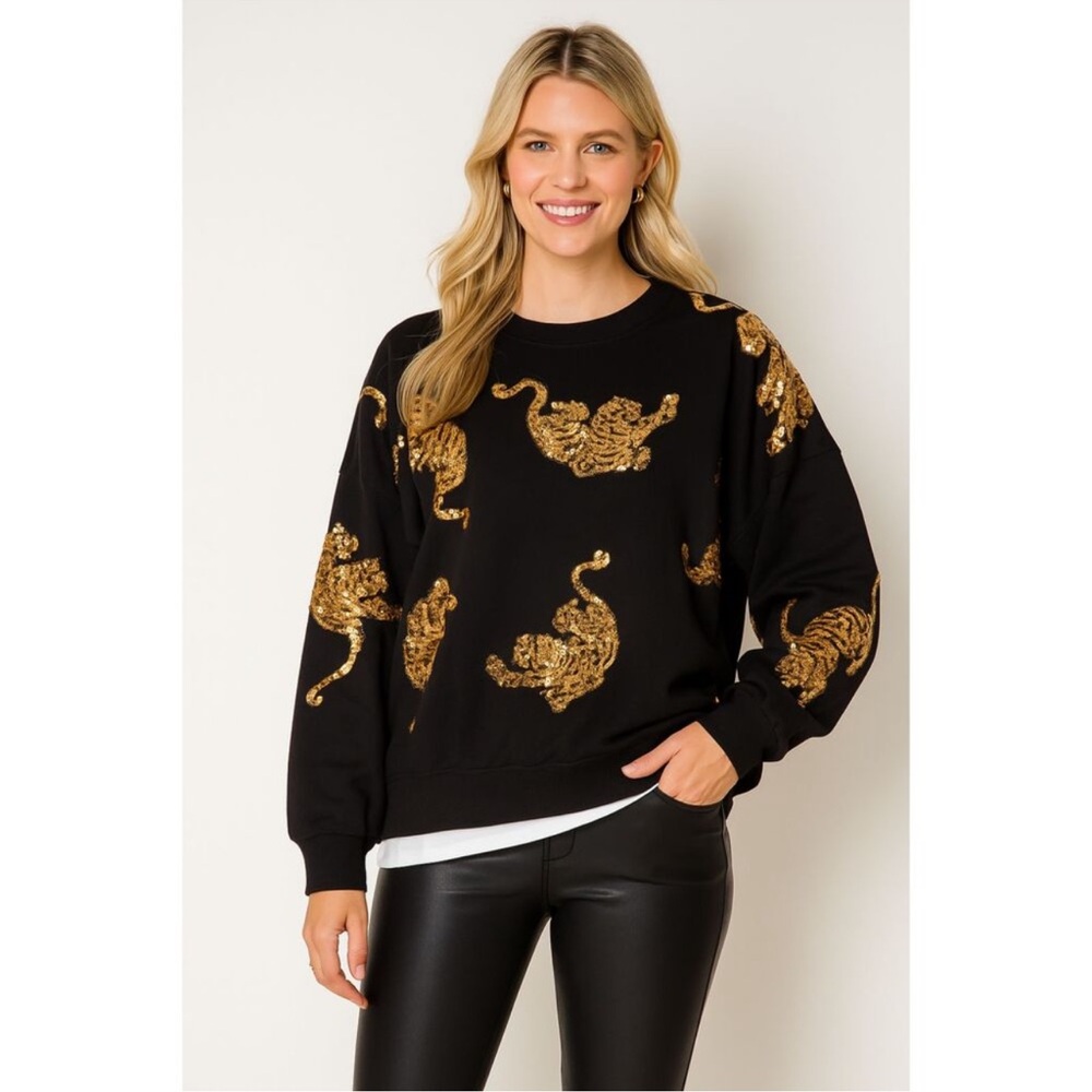 Fantastic Fawn Black Gold Sequin Tiger Oversized Sweatshirt Crewneck Size M